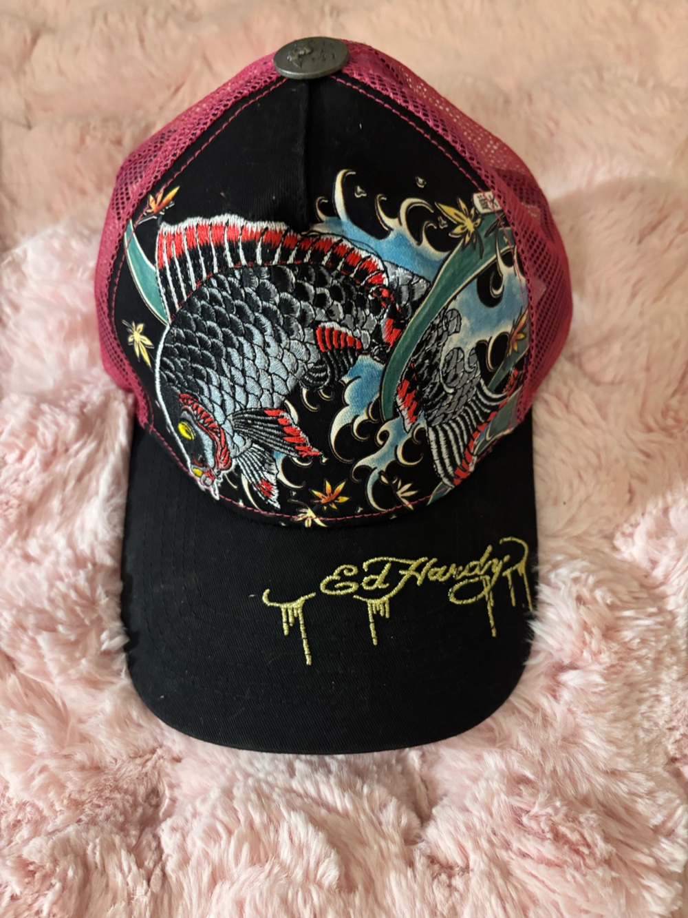Ed Hardy Black Baseball Cap with Pink & Blue Koi Design